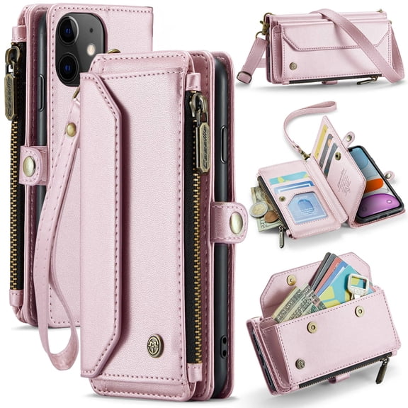 Crossbody for iPhone 11 Case Wallet【RFID Blocking】with 7-Card Holder Zipper Bills Slot, Soft PU Leather Magnetic Shoulder Wrist Strap for iPhone 11 Wallet Case Women