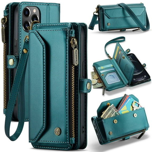 Crossbody for iPhone 12 12 Pro Case Wallet【RFID Blocking】with 7-Card Holder Zipper Bills Slot, Soft PU Leather Magnetic Shoulder Wrist Strap for iPhone 12 12 Pro Wallet Case Women