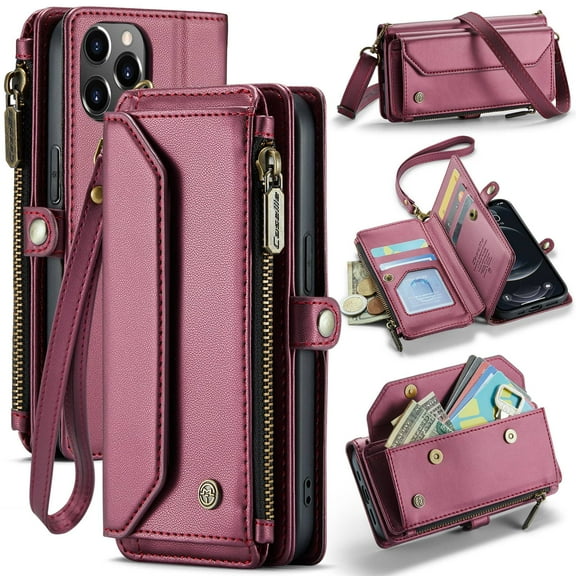 Crossbody for iPhone 12 12 Pro Case Wallet【RFID Blocking】with 7-Card Holder Zipper Bills Slot, Soft PU Leather Magnetic Shoulder Wrist Strap for iPhone 12 12 Pro Wallet Case Women