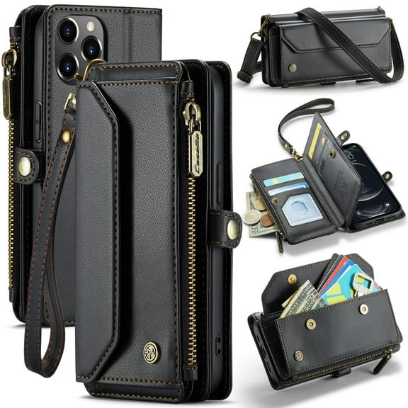 Crossbody for iPhone 12 12 Pro Case Wallet【RFID Blocking】with 7-Card Holder Zipper Bills Slot, Soft PU Leather Magnetic Shoulder Wrist Strap for iPhone 12 12 Pro Wallet Case Women