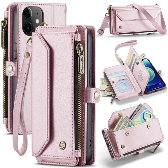 Crossbody for iPhone 12 Mini Case Wallet【RFID Blocking】with 7-Card Holder Zipper Bills Slot, Soft PU Leather Magnetic Shoulder Wrist Strap for iPhone 12 Mini Wallet Case Women