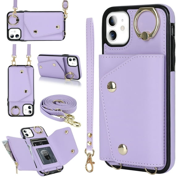 Crossbody for iPhone 12 Mini Phone Case for Women, Wallet Case with Credit Card Holder Shoulder Strap & Wrist Lanyard Shockproof Purse Back Flip 360 Ring Holder Kickstand Case,Purple