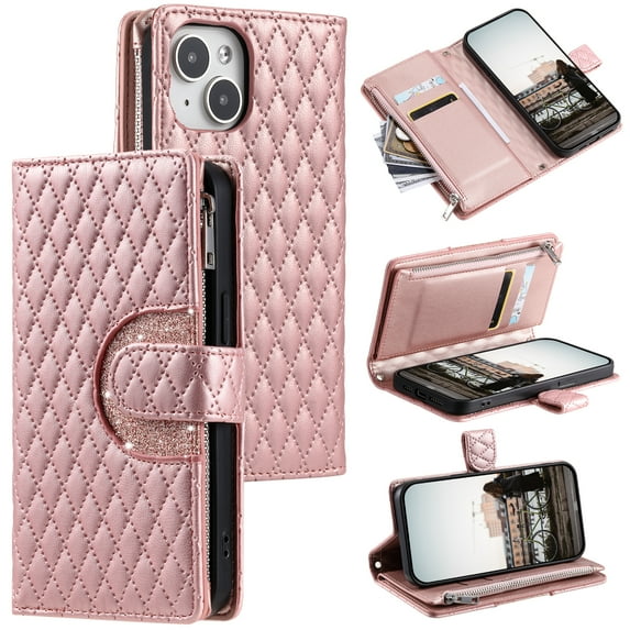 Crossbody for iPhone 12 Mini Wallet Phone Case with Card Slots Zipper Pocket, Soft Elegant PU Leather Flip Stand Lanyard Wrist Strap Purse Cover for iPhone 12 Mini Women Girls, Rosegold