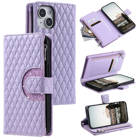 Crossbody for iPhone 12 Mini Wallet Phone Case with Card Slots Zipper Pocket, Soft Elegant PU Leather Flip Stand Lanyard Wrist Strap Purse Cover for iPhone 12 Mini Women Girls, Purple