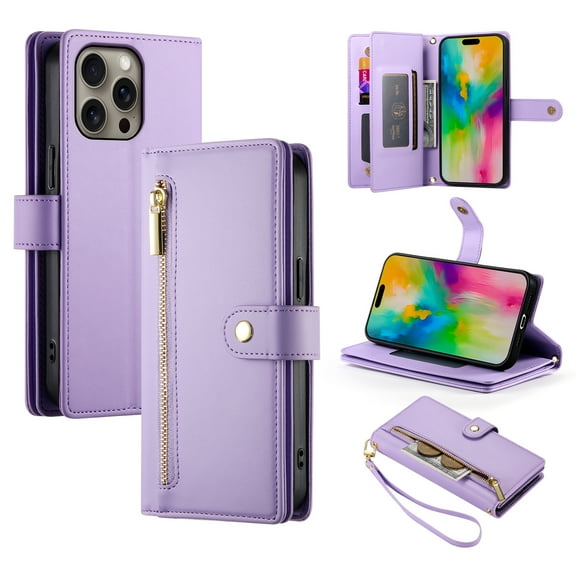 Crossbody for iPhone 12 Pro Max Phone Case Wallet with Card Slots Zipper Pocket, PU Leather Magnetic Shoulder Strap Purse Cover with Flip Kickstand for iPhone 12 Pro Max Women Girls, Purple