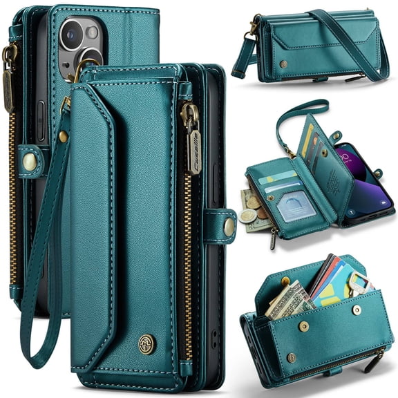 Crossbody for iPhone 13 Case Wallet【RFID Blocking】with 7-Card Holder Zipper Bills Slot, Soft PU Leather Magnetic Shoulder Wrist Strap for iPhone 13 Wallet Case Women