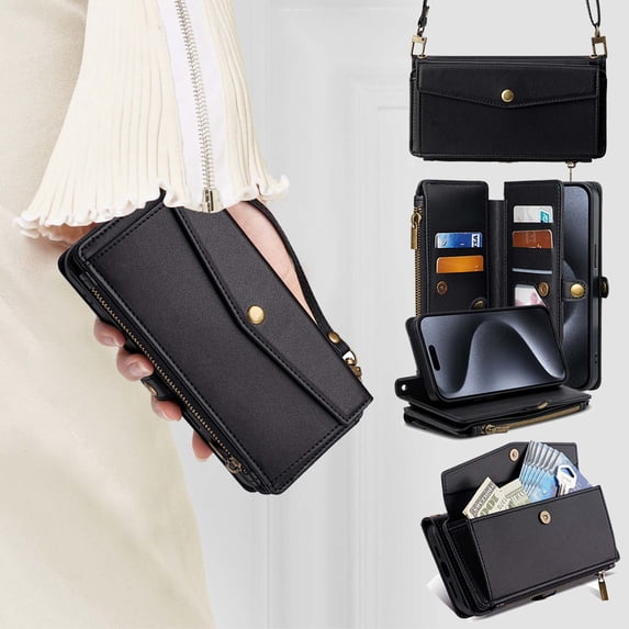 Crossbody for iPhone 13 Case Wallet【RFID Blocking】with Card Holder Zipper Bills Slot,cash pocket, Soft PU Leather Magnetic Wrist Shoulder Strap for iPhone 13 Wallet Case Women,Black