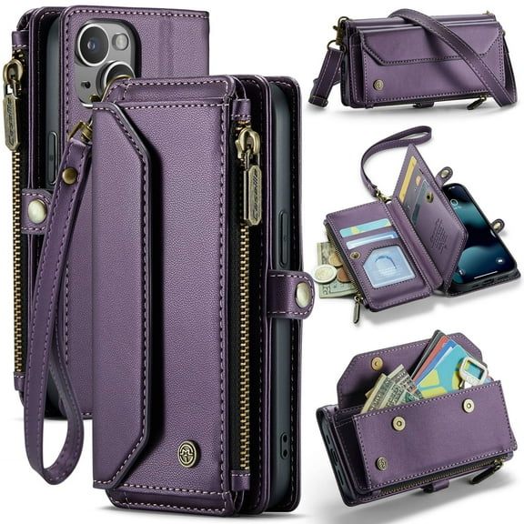 Crossbody for iPhone 13 Mini Case Wallet【RFID Blocking】with 7-Card Holder Zipper Bills Slot, Soft PU Leather Magnetic Shoulder Wrist Strap for iPhone 13 Mini Wallet Case Women