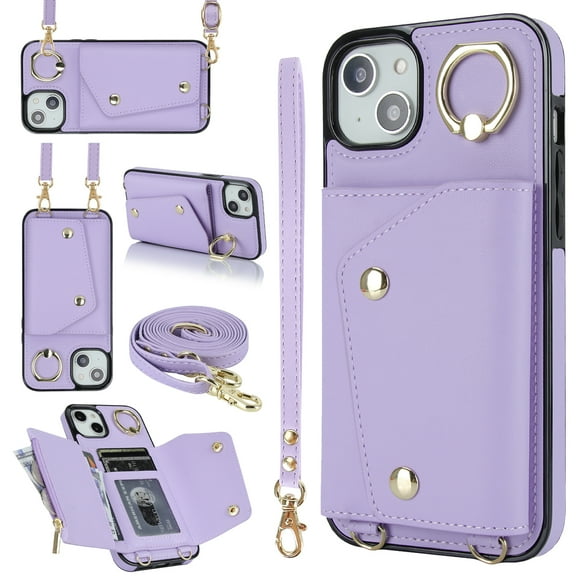 Crossbody for iPhone 13 Mini Phone Case for Women, Wallet Case with Credit Card Holder Shoulder Strap & Wrist Lanyard Shockproof Purse Back Flip 360 Ring Holder Kickstand Case,Purple