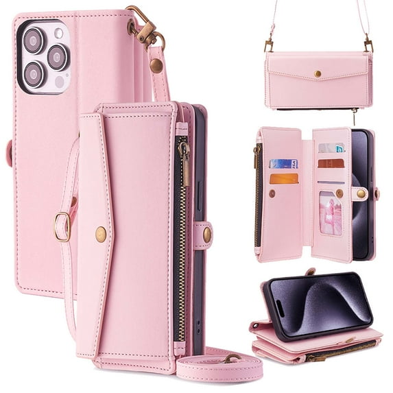 Crossbody for iPhone 13 Pro Case Wallet【RFID Blocking】with Card Holder Zipper Bills Slot,cash pocket, Soft PU Leather Magnetic Wrist Shoulder Strap for iPhone 13 Pro Wallet Case Women,Pink