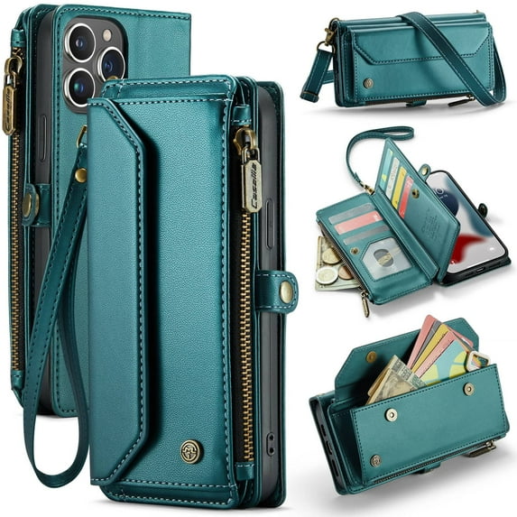 Crossbody for iPhone 13 Pro Max Case Wallet【RFID Blocking】with 10-Card Holder Zipper Bills Slot, Soft PU Leather Magnetic Shoulder Wrist Strap for iPhone 13 Pro Max Wallet Case Women