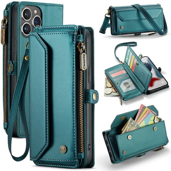 Crossbody for iPhone 13 Pro Max Case Wallet【RFID Blocking】with 10-Card Holder Zipper Bills Slot, Soft PU Leather Magnetic Shoulder Wrist Strap for iPhone 13 Pro Max Wallet Case Women
