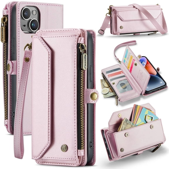 Crossbody for iPhone 14 Plus Case Wallet【RFID Blocking】with 10-Card Holder Zipper Bills Slot, Soft PU Leather Magnetic Shoulder Wrist Strap for iPhone 14 Plus Wallet Case Women