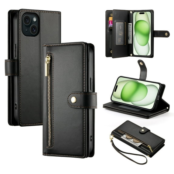 Crossbody for iPhone 14 Plus Phone Case Wallet with Card Slots Zipper Pocket, PU Leather Magnetic Shoulder Strap Purse Cover with Flip Kickstand for iPhone 14 Plus Women Girls, Black