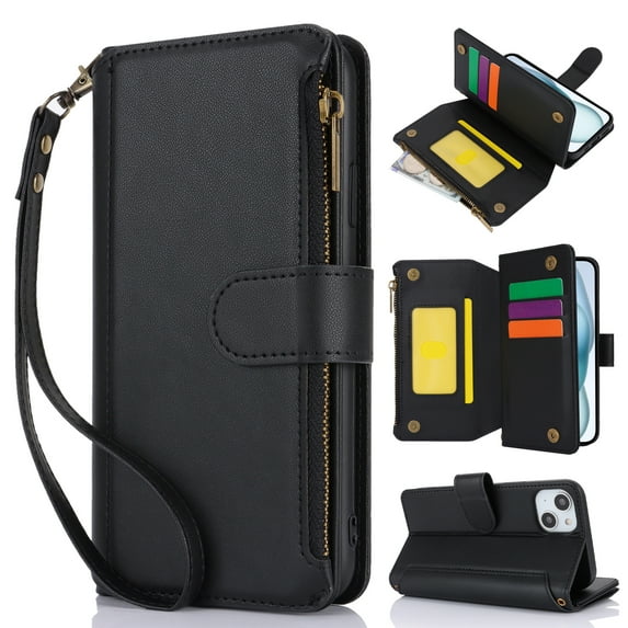 Crossbody for iPhone 15 Case Wallet【RFID Blocking】with Card Slots Zipper Pocket, PU Leather Magnetic Flip Stand Wrist Strap Lanyard Wallet Case for iPhone 15, Black