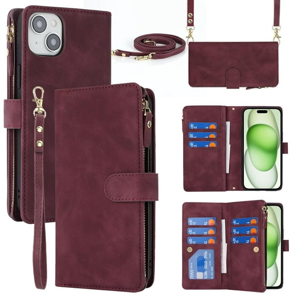 Crossbody iPhone 15 Plus Case with Strap Lanyard,for Apple iPhone 15 Plus Phone Wallet Case for Women with Card Holder,Zipper Pocket Magnetic Flip Leather iPhone 15 Plus Case,6.7" Burgundy