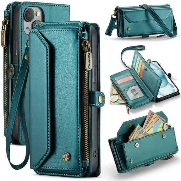 Crossbody for iPhone 15 Plus Case Wallet【RFID Blocking】with 10-Card Holder Zipper Bills Slot, Soft PU Leather Magnetic Shoulder Wrist Strap for iPhone 15 Plus Wallet Case Women