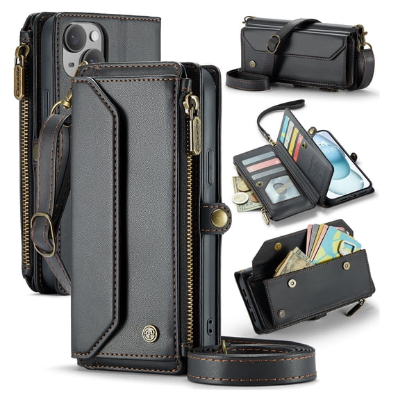 Crossbody for iPhone 15 Plus Case Wallet【RFID Blocking】with 10-Card Holder Zipper Bills Slot, Soft PU Leather Magnetic Shoulder Wrist Strap for iPhone 15 Plus Wallet Case Women, Black