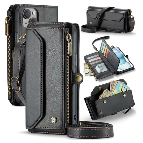Crossbody for iPhone 15 Plus Case Wallet【RFID Blocking】with 10-Card Holder Zipper Bills Slot, Soft PU Leather Magnetic Shoulder Wrist Strap for iPhone 15 Plus Wallet Case Women, Black
