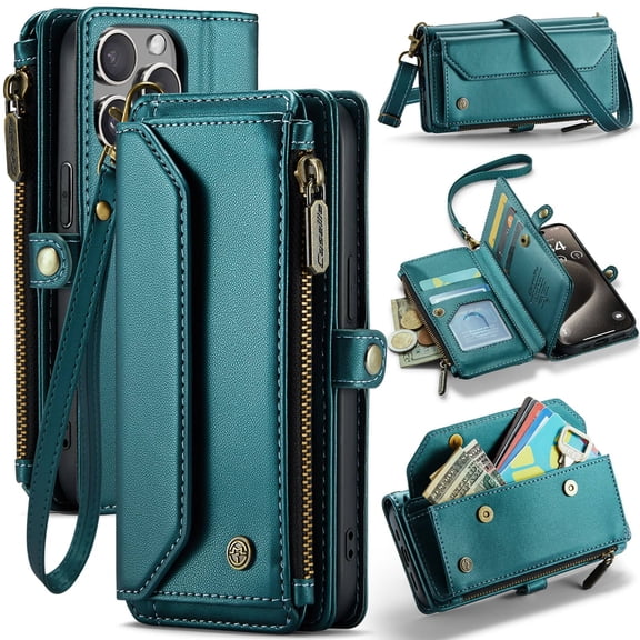 Crossbody for iPhone 15 Pro Case Wallet【RFID Blocking】with 7-Card Holder Zipper Bills Slot, Soft PU Leather Magnetic Shoulder Wrist Strap for iPhone 15 Pro Wallet Case Women