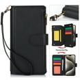 thumbnail image 1 of Crossbody for iPhone 15 Pro Max Case Wallet【RFID Blocking】with Card Slots Zipper Pocket, PU Leather Magnetic Flip Stand Wrist Strap Lanyard Wallet Case for iPhone 15 Pro Max, Black, 1 of 11