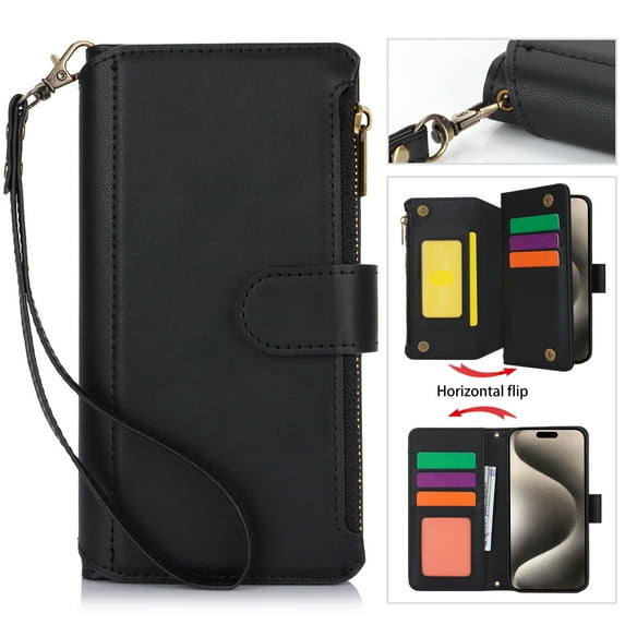 Crossbody for iPhone 15 Pro Max Case Wallet【RFID Blocking】with Card Slots Zipper Pocket, PU Leather Magnetic Flip Stand Wrist Strap Lanyard Wallet Case for iPhone 15 Pro Max, Black