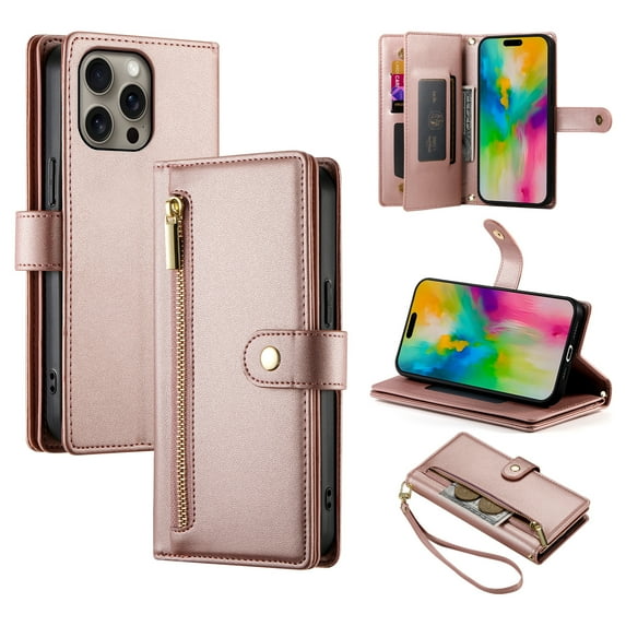 Crossbody for iPhone 15 Pro Max Phone Case Wallet with Card Slots Zipper Pocket, PU Leather Magnetic Shoulder Strap Purse Cover with Flip Kickstand for iPhone 15 Pro Max Women Girls, Pink