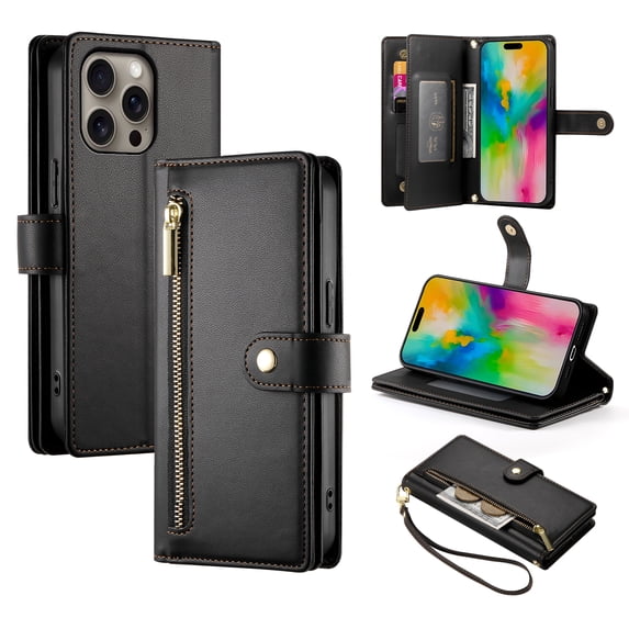 Crossbody for iPhone 15 Pro Phone Case Wallet with Card Slots Zipper Pocket, PU Leather Magnetic Shoulder Strap Purse Cover with Flip Kickstand for iPhone 15 Pro Women Girls, Black