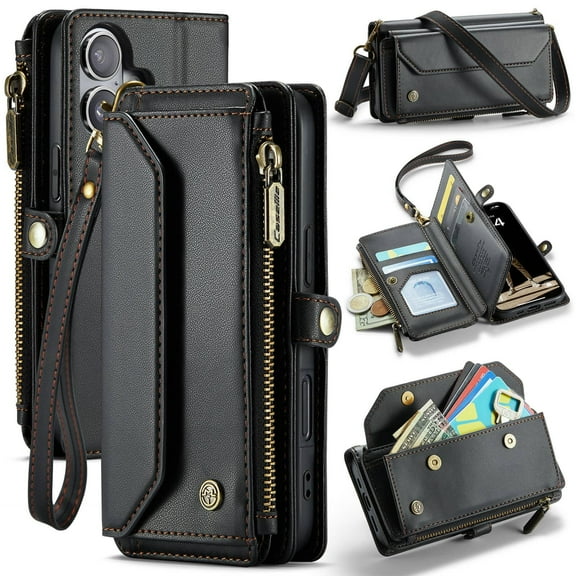 Crossbody for iPhone 16 Case Wallet【RFID Blocking】with 7-Card Holder Zipper Bills Slot, Soft PU Leather Magnetic Shoulder Wrist Strap for iPhone 16 Wallet Case Women