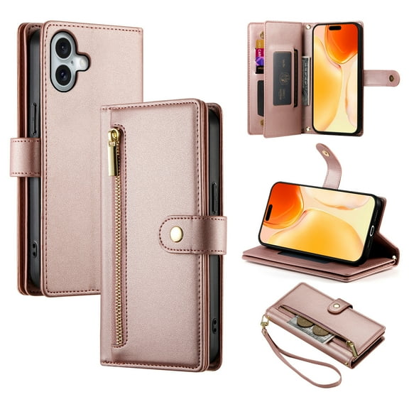 Crossbody for iPhone 16 Phone Case Wallet with Card Slots Zipper Pocket, PU Leather Magnetic Shoulder Strap Purse Cover with Flip Kickstand for iPhone 16 Women Girls, Pink