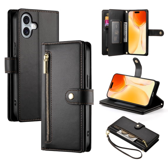 Crossbody for iPhone 16 Phone Case Wallet with Card Slots Zipper Pocket, PU Leather Magnetic Shoulder Strap Purse Cover with Flip Kickstand for iPhone 16 Women Girls, Black