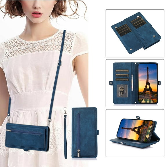 Crossbody For iPhone 16 Plus Wallet Case [Cards Theft Scan Protection] Card Holder Zipper PU Leather Flip Kickstand Cover Shoulder Strap & Short Wrist Strap Magnetic Phone Cover,Blue