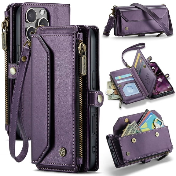 Crossbody for iPhone 16 Pro Case Wallet【RFID Blocking】with 7-Card Holder Zipper Bills Slot, Soft PU Leather Magnetic Shoulder Wrist Strap for iPhone 16 Pro Wallet Case Women