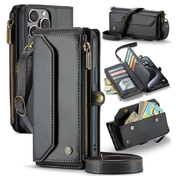 Crossbody for iPhone 16 Pro Max Case Wallet【RFID Blocking】with 10-Card Holder Zipper Bills Slot, Soft PU Leather Magnetic Shoulder Wrist Strap for iPhone 16 Pro Max Wallet Case Women, Black