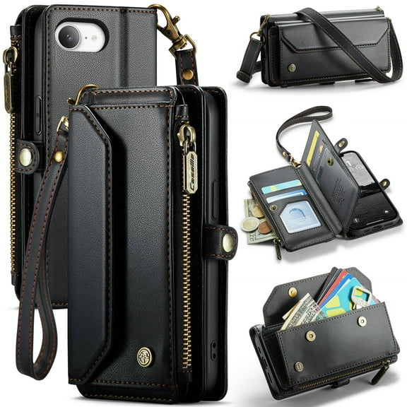 Crossbody for iPhone 16e Case Wallet【RFID Blocking】with 7-Card Holder Zipper Bills Slot, Soft PU Leather Magnetic Shoulder Wrist Strap for iPhone 16e Wallet Case Women
