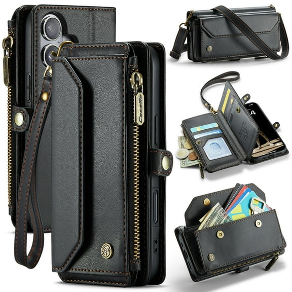 Crossbody for iPhone 17 Case Wallet【RFID Blocking】with 10-Card Holder Zipper Bills Slot, Soft PU Leather Magnetic Shoulder Wrist Strap for iPhone 17 Wallet Case Women, Black