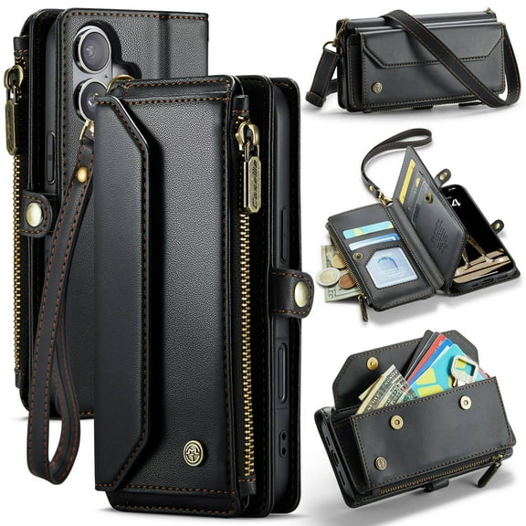 Crossbody for iPhone 17 Case Wallet【RFID Blocking】with 7-Card Holder Zipper Bills Slot, Soft PU Leather Magnetic Shoulder Wrist Strap for iPhone 17 Wallet Case Women
