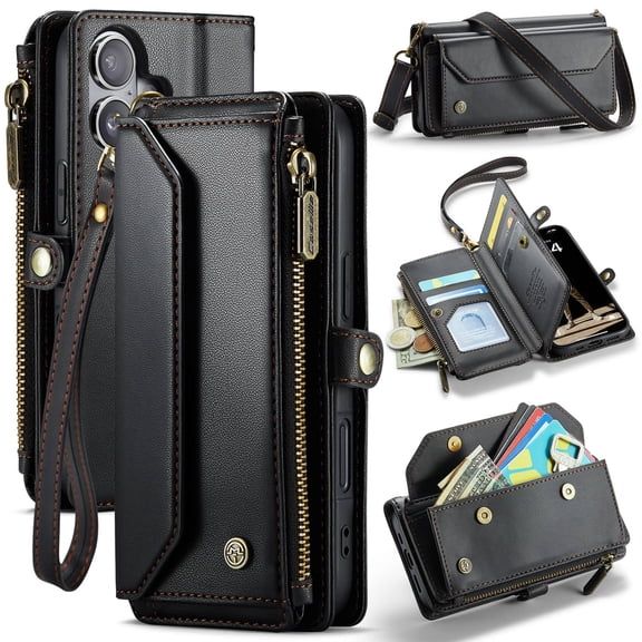 Crossbody for iPhone 17 Case Wallet【RFID Blocking】with 7-Card Holder Zipper Bills Slot, Soft PU Leather Magnetic Shoulder Wrist Strap for iPhone 17 Wallet Case Women
