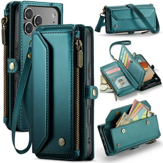 Crossbody for iPhone 17 Pro Max Case Wallet【RFID Blocking】with 10-Card Holder Zipper Bills Slot, Soft PU Leather Magnetic Shoulder Wrist Strap for iPhone 17 Pro Max Wallet Case Women