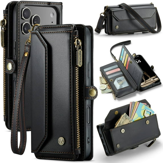Crossbody for iPhone 17 Pro Max Case Wallet【RFID Blocking】with 10-Card Holder Zipper Bills Slot, Soft PU Leather Magnetic Shoulder Wrist Strap for iPhone 17 Pro Max Wallet Case Women