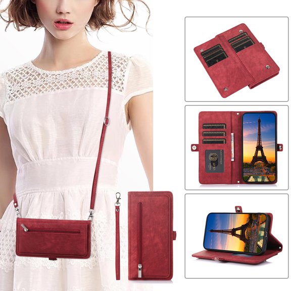 Crossbody For iPhone 6s Plus/6 Plus Wallet Case [Cards Theft Scan Protection] Card Holder Zipper PU Leather Flip Kickstand Cover Shoulder Strap & Short Wrist Strap Magnetic Phone Cover,Red