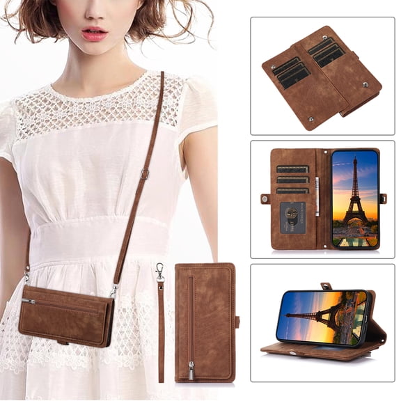 Crossbody For iPhone 6s Plus/6 Plus Wallet Case [Cards Theft Scan Protection] Card Holder Zipper PU Leather Flip Kickstand Cover Shoulder Strap & Short Wrist Strap Magnetic Phone Cover,Brown