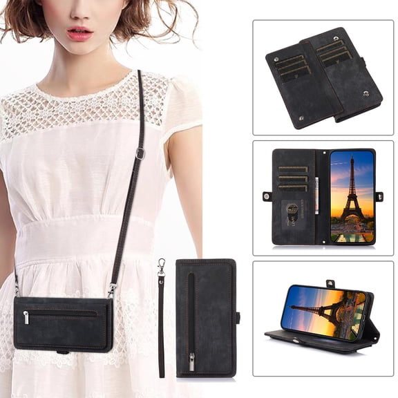 Crossbody For iPhone 6s Plus/6 Plus Wallet Case [Cards Theft Scan Protection] Card Holder Zipper PU Leather Flip Kickstand Cover Shoulder Strap & Short Wrist Strap Magnetic Phone Cover,Black