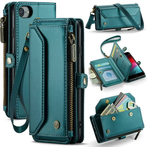 Crossbody for iPhone 7/8/SE Case Wallet【RFID Blocking】with 7-Card Holder Zipper Bills Slot, Soft PU Leather Magnetic Shoulder Wrist Strap for iPhone 7/8/SE Wallet Case Women