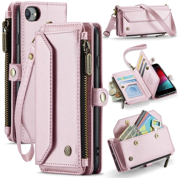 Crossbody for iPhone 7/8/SE Case Wallet【RFID Blocking】with 7-Card Holder Zipper Bills Slot, Soft PU Leather Magnetic Shoulder Wrist Strap for iPhone 7/8/SE Wallet Case Women