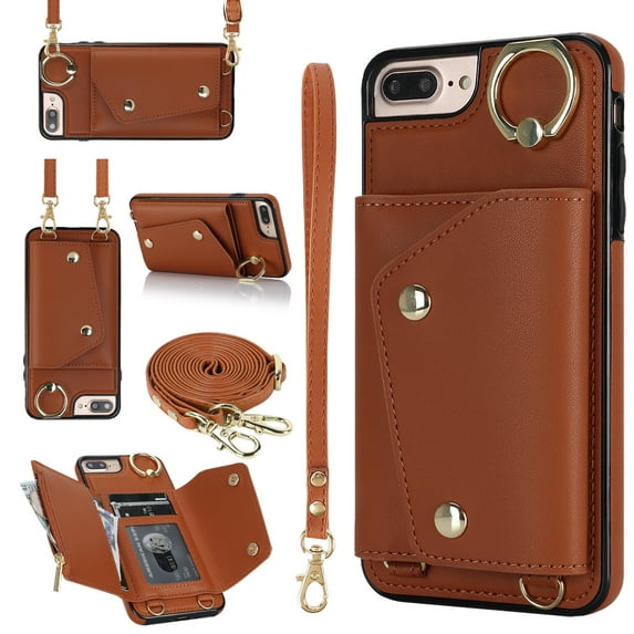 Crossbody for iPhone 8 Plus/7 Plus Phone Case for Women, Wallet Case with Credit Card Holder Shoulder Strap & Wrist Lanyard Shockproof Purse Back Flip 360 Ring Holder Kickstand Case,Brown