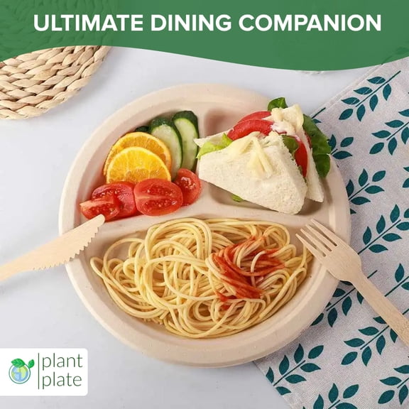 Plant Plate 10-Inch Heavy-Duty Disposable 3 Sectional Plates, Made with Sugarcane. Natural , 500-Count/Box