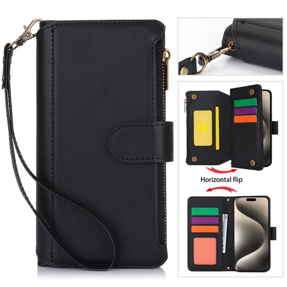 Crossbody for iPhone 8 Plus / iPhone 7 Plus Case Wallet【RFID Blocking】with Card Slots Zipper Pocket, PU Leather Magnetic Flip Stand Wrist Strap Lanyard Wallet Case, Black