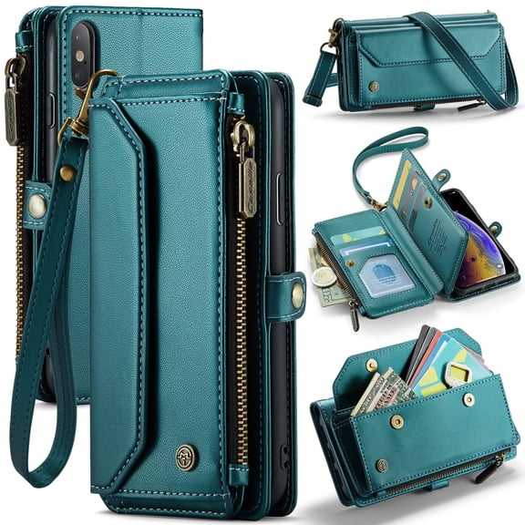 Crossbody for iPhone X XS Case Wallet【RFID Blocking】with 7-Card Holder Zipper Bills Slot, Soft PU Leather Magnetic Shoulder Wrist Strap for iPhone X XS Wallet Case Women