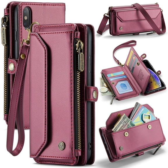 Crossbody for iPhone X XS Case Wallet【RFID Blocking】with 7-Card Holder Zipper Bills Slot, Soft PU Leather Magnetic Shoulder Wrist Strap for iPhone X XS Wallet Case Women